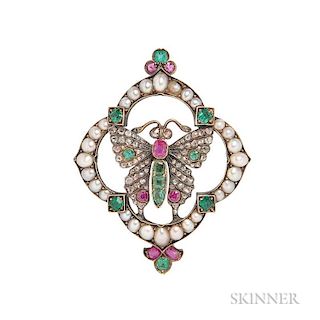 Antique Gold Gem-set Brooch, designed as a butterfly, set with rose-cut diamonds and rubies and emeralds, the frame set with 