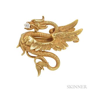 Art Nouveau 14kt Gold and Diamond Watch Pin, designed as a griffin, with old European-cut diamond, lg. 1 1/8 in.
