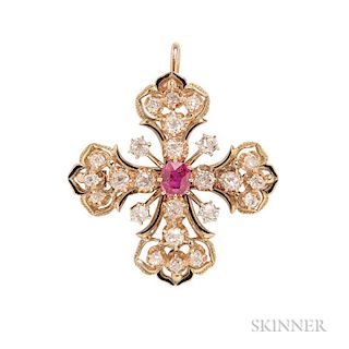 Victorian Revival 14kt Gold, Ruby, and Diamond Maltese Cross Pendant/Brooch, c. 1940s, centering a cushion-cut ruby and old m