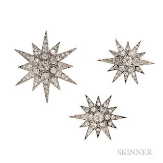Three Antique Diamond Brooches, each designed as a starburst set with old mine-cut diamonds, approx. total wt. 5.00 cts., sil