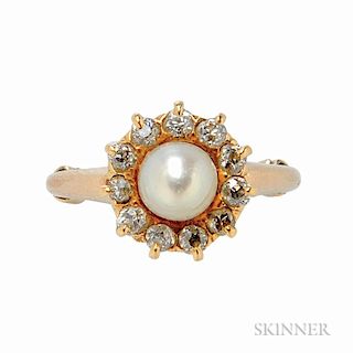 Antique Gold, Pearl, and Diamond Ring, the pearl measuring approx. 5.70 mm, framed by old European-cut diamonds.