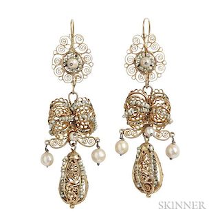 Gold Filigree Earrings, composed of antique elements, lg. 2 5/8 in.