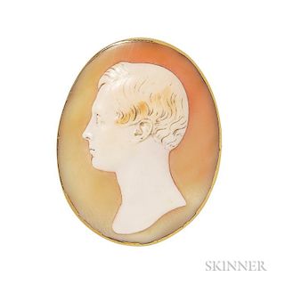 Antique Gold and Shell Cameo Brooch, Saulini, depicting a portrait of a young man in profile, signed on the carving, lg. 2 in