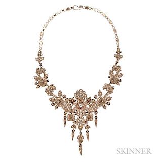 Gold and Diamond Necklace, c. 1930, designed as a cluster of flowers set with rose-cut diamonds, suspending drops, with pinst