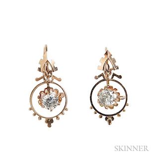 Gold and Diamond Earrings, each suspending a full-cut diamond, approx. total wt. 0.66 cts., lg. 3/4 in.