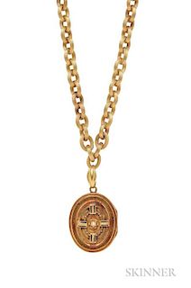 Antique Gold Locket and Chain, the locket with split pearl and black tracery enamel, suspended from ribbed links, 22.1 dwt, l