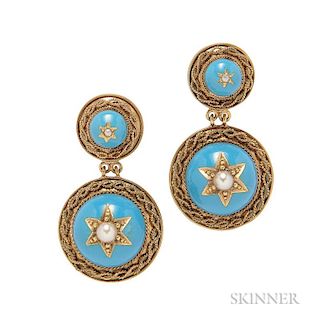 Antique Gold and Enamel Earrings, each two blue enamel domes with seed pearl and wiretwist accents, lg. 1 1/4 in.