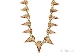 Victorian Bicolor Gold Fringe Necklace, with engraved foliate motifs, 34.6 dwt, lg. 16 1/2 in.