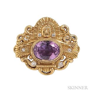 Art Nouveau Amethyst and Diamond Brooch, bezel-set with an oval-cut amethyst and depicting a stylized Mesoamerican god with f