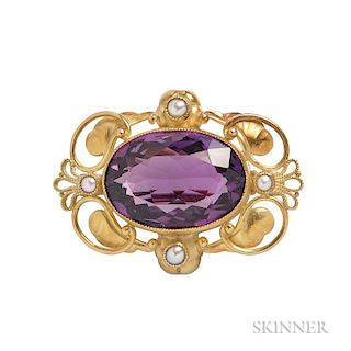 18kt Gold and Amethyst Brooch, Georg Jensen, the oval-cut amethyst within a floral and foliate frame with split pearl accents