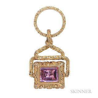 Antique Gold Gem-set Watch Fob, c. 1830, on the one side with chalcedony seal, the other with foil-back amethyst, rocaille mo