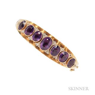 14kt Gold and Amethyst Bracelet, the hinged bangle set with oval-cut amethysts and rose-cut diamond accents, 19.1 dwt, interi