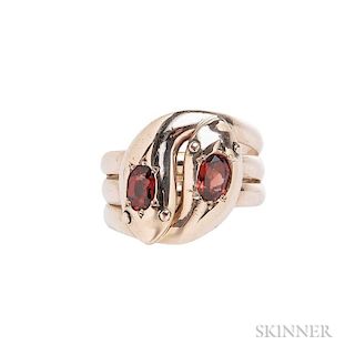 9kt Rose Gold and Garnet Snake Ring, designed as entwined snakes, size 11 3/4, British hallmarks.