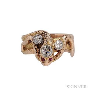14kt Gold and Diamond Snake Ring, set with three old European-cut diamonds, approx. total wt. 0.80 cts., 8.1 dwt, size 10.