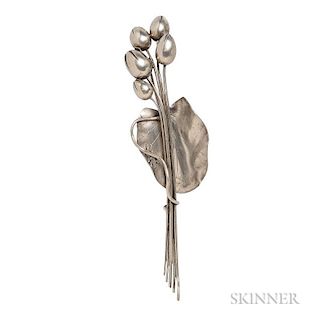 Art Nouveau Sterling Silver Brooch, George W. Shiebler & Co., designed as a lily pad and lily blossoms, insect motif, lg. 5 1