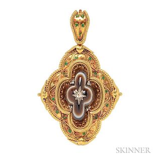 Antique Gold and Banded Agate Pendant, the shaped pendant centering an agate with rose-cut diamond accents, framed by enamel 