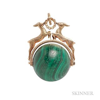 Gold and Malachite Pendant, designed as a pair of deer holding a malachite sphere, lg. 1 3/4 in.