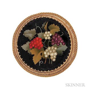 Antique Gold and Pietra Dura Brooch, Retailed by Le Roy & Fils, Paris, depicting clusters of grapes, mother-of-pearl back, wi