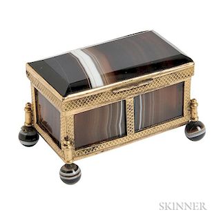 Antique Miniature Gilt-metal and Banded Agate Casket, on ball feet, 2 1/8 x 1 1/4 x 1 3/8 in.