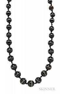 Banded Agate Bead Necklace, composed of thirty-five beads graduating in size from approx. 10.00 to 16.50 mm, lg. 25 1/2 in.