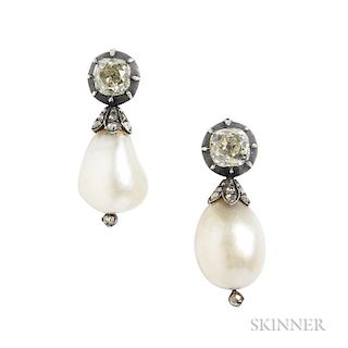 Antique Diamond and Pearl Earrings, each designed as an old mine-cut diamond suspending a pearl, approx. total diamond wt. 1.