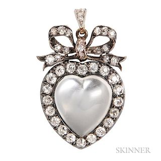 Antique Moonstone and Diamond Pendant, the cabochon moonstone heart framed by old mine-cut diamonds and surmounted by a bow, 