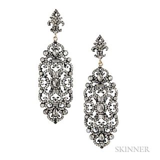 Diamond Earrings, each set with rose and single-cut diamonds, blackened gold mounts, lg. 2 1/8 in.