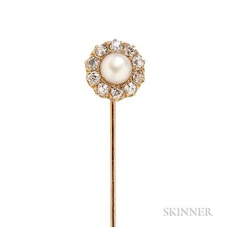 Antique Gold, Pearl, and Diamond Stickpin, the pearl framed by old European-cut diamonds. Note: Pearl not tested for origin.