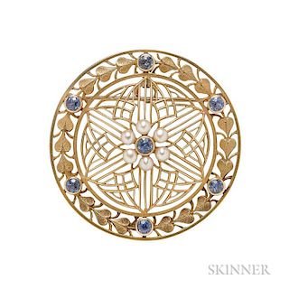 Art Nouveau 14kt Gold, Sapphire, and Pearl Pendant/Brooch, with floral and foliate motifs, circular-cut sapphires, and pearls