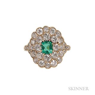 Antique 18kt Gold, Emerald, and Diamond Ring, centering an emerald-cut emerald surrounded by old European-cut diamonds, appro