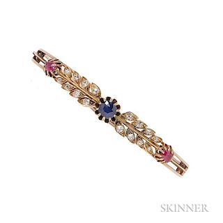 Antique Gold, Sapphire, and Ruby Bracelet, the hinged bangle set with cushion-cut sapphires and rubies, with foliate motifs s