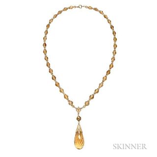 Gold and Citrine Necklace, composed of Etruscan Revival elements, the faceted citrine drop with gold cap, suspended from a ne