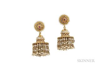 Anglo-Indian High-karat Gold and Pearl Earrings, each earstud with a removable tassel of seed pearls, 17.7 dwt, lg. 1 7/8 in.