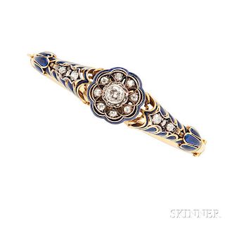 18kt Gold, Enamel, and Diamond Bracelet, the hinged bangle set with full- and old European-cut diamonds, 22.7 dwt, interior c