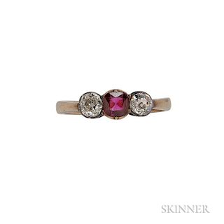 Antique Ruby and Diamond Ring, the cushion-cut ruby measuring approx. 5.00 x 4.80 mm, flanked by old mine-cut diamonds, silve