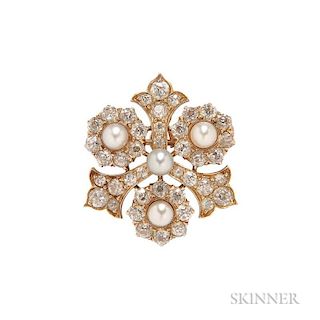 Antique Gold, Diamond, and Pearl Pendant/Brooch, Schumann Sons, New York, set with old European-cut diamonds and pearls, lg. 