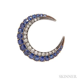 Antique Sapphire and Diamond Crescent Brooch, set with cushion-cut sapphires, and old mine- and single-cut diamonds, silver a