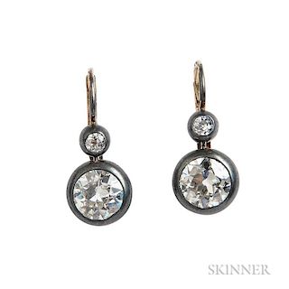 Antique Diamond Earrings, each suspending two old European-cut diamonds, approx. total wt. 4.00 cts., silver-topped gold moun