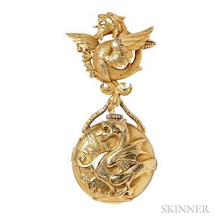 Art Nouveau 18kt Gold Open-face Pendant Watch, the case depicting a griffin, the white enamel dial with arabic numeral indica
