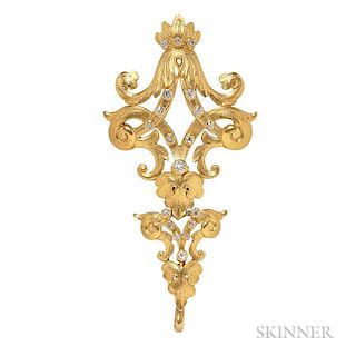 Antique 18kt Gold and Diamond Chatelaine Brooch, bezel-set with old European-cut diamonds, engraved accents, 12.5 dwt, lg. 2