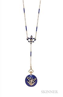 Antique Lady's 18kt Gold, Enamel, and Diamond Hunting Case Pendant Watch, C.H. Meylan, the guilloche enamel case with lily of