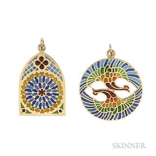 Two 18kt Gold and Plique-a-jour Enamel Pendants, France, one designed as a pair of peacocks, the other as a stained glass win