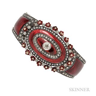 18kt Gold, Diamond, and Enamel Bracelet, the hinged bangle with red enamel, bead and bezel-set with single, rose, and old Eur