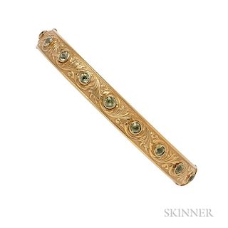 Art Nouveau 14kt Gold and Peridot Bracelet, Krementz, the hinged bangle bezel-set with round peridots, 16.3 dwt, maker's mark