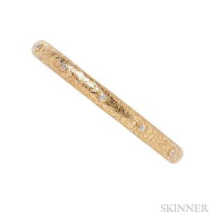 Art Nouveau 14kt Gold Bangle, Riker Bros., the engraved bangle with old European-cut diamond accents, interior cir. 7 3/4 in.