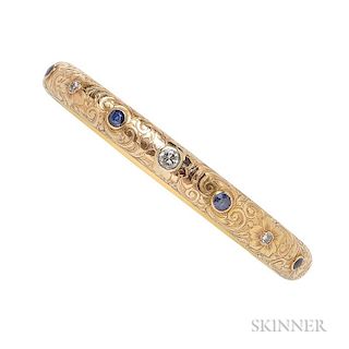 Art Nouveau 14kt Gold Bangle, with allover floral and foliate engraving, with full-cut diamonds and circular-cut sapphires, i