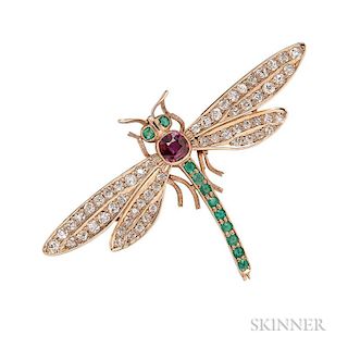 Antique Gem-set Gold Dragonfly Brooch, with ruby and emerald body and old mine-cut diamond wings, lg. 2 1/2 in.