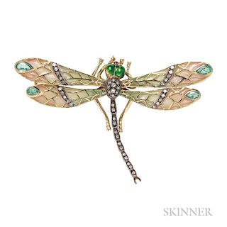 18kt Gold and Plique-a-jour Enamel Dragonfly Brooch, plique-a-jour enamel wings with pear-shape emerald accents, enamel eyes,