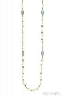 Art Nouveau 14kt Gold and Turquoise Long Chain, converted from a watch chain, with bezel-set turquoise joined by fancy links,