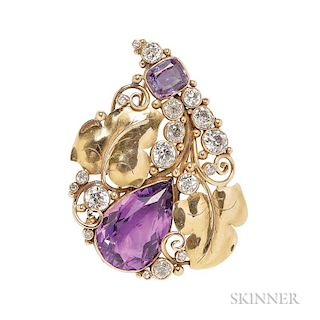 Arts and Crafts Gold, Diamond, and Colored Stone Brooch, set with a large pear-shape amethyst and a cushion-shape color chang